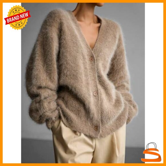 Oversized Fuzzy Cardigan Sweater V Neck Button Down Casual Furry Chic - Picture 2 of 7